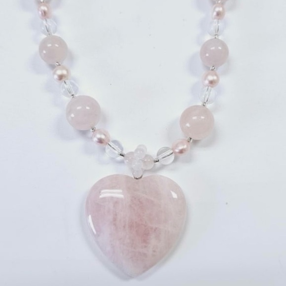 Lee Sands Silver Tone Pink Rose Quartz Heart Necklace 22" - Picture 1 of 5
